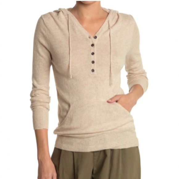 VERTIGO PARIS Cashmere Blend Hooded Henley Sweater, Oatmeal Color, Size L, NWT - Picture 1 of 5